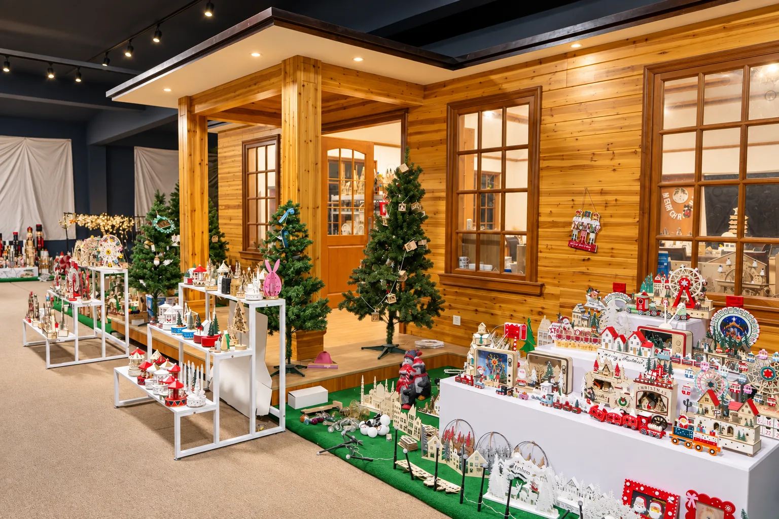 Gold Talent wooden Christmas lighting collection displayed in the factory showroom